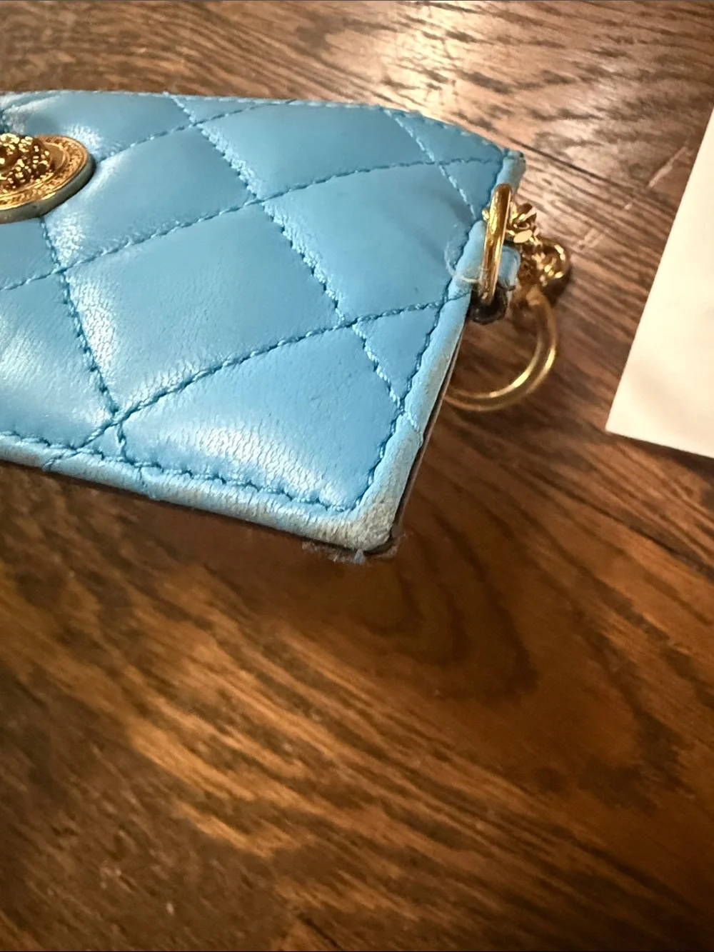 Versace Turquoise Quilted Leather Key & Card Holder with Gold Medallion W/COA